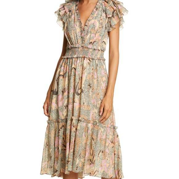 ULLA JOHNSON Claudette Floral Chiffon Beige Dress - Picture 4 of 7
